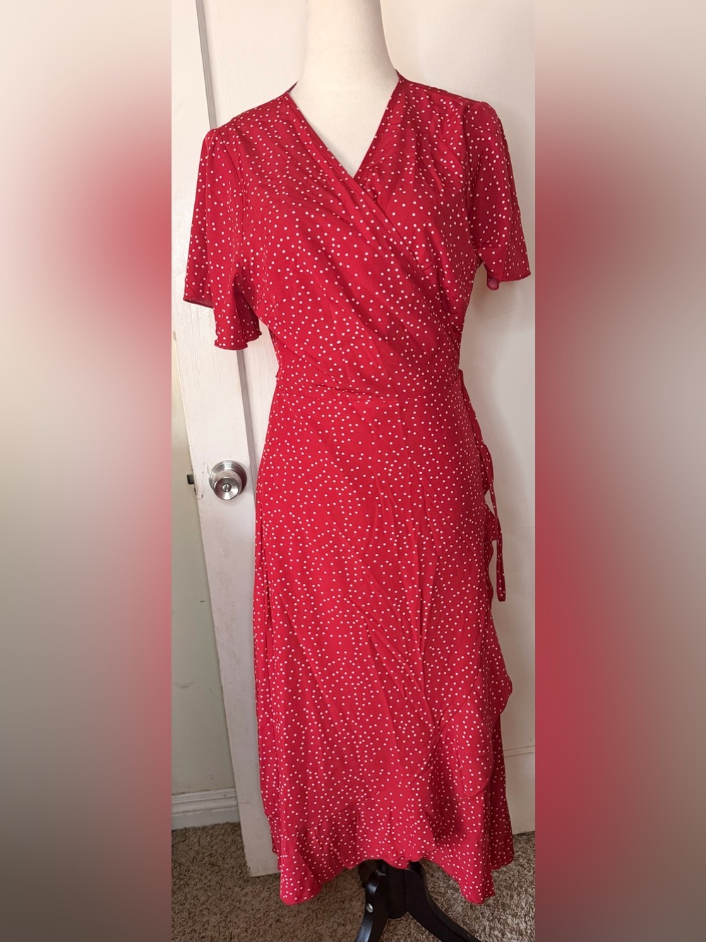 RIHOAS Red & White Polka Dot Wrap Dress Ruffle hem flirty whimsical autumn